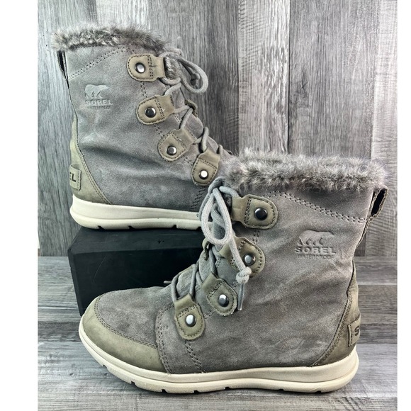 Sorel Shoes - Sorel Explorer Joan Waterproof Boots Quarry Grey Faux Fur NL3039-052 Womens 7.5